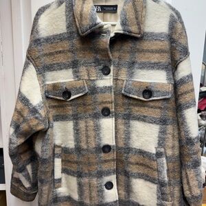ZARA Plaid Teddy Jacket in Cream, Brown & Gray